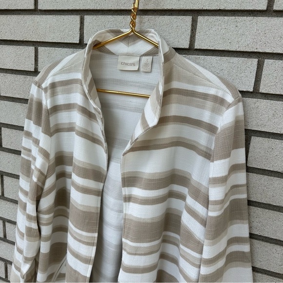 Chico’s Modern Striped Duster Jacket Tan White Neutral Blazer - Picture 3 of 10